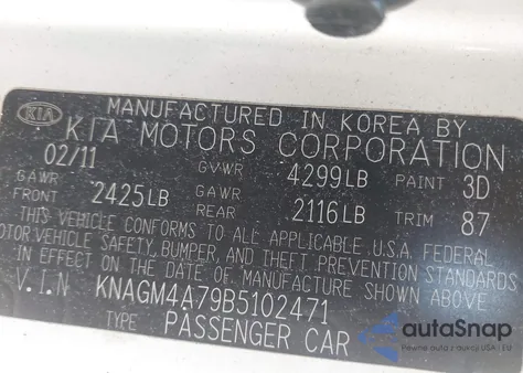 2011 Kia Optima Lx z USA, uszkodzony, nr VIN KNAGM4A79B5102471